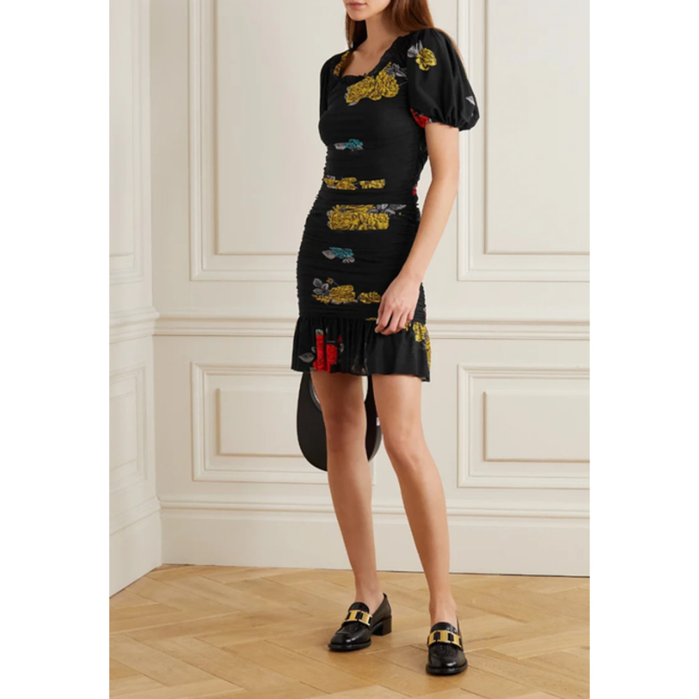 GANNI Mesh Mini Dress Womens 8 Black Ruffled Ruched Floral Print Puff Sleeve